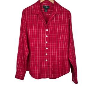 Hunt Club blouse women's 12 red plaid button front lurex long sleeve shirt